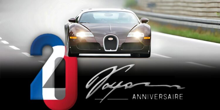 A Bugatti Veyron drives on a highway; foreground features a stylized "20" in French colors, a signature, and the words "Anniversaire" as Bugatti honors the Veyron’s 20-year legacy with a special logo.