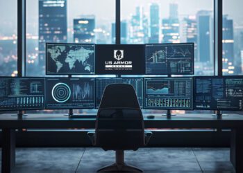 A modern control room with multiple monitors displaying maps, charts, and data—highlighting cyber threats—features a "US Armor" logo on the center screen, overlooking a city skyline.