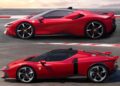 Two red Ferrari sports cars, the SF90 Stradale and the 849 Testarossa, are shown side by side on a racetrack, both photographed from the side to emphasize their sleek aerodynamic designs in this striking comparison.