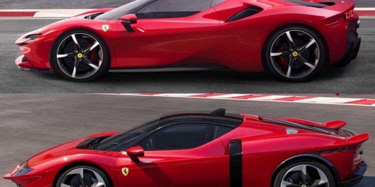 Two red Ferrari sports cars, the SF90 Stradale and the 849 Testarossa, are shown side by side on a racetrack, both photographed from the side to emphasize their sleek aerodynamic designs in this striking comparison.