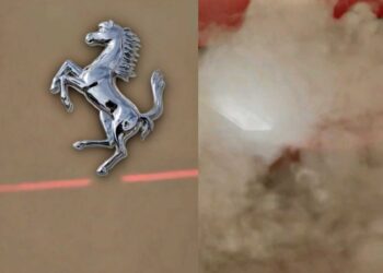 A silver prancing horse emblem on a tan surface is shown on the left, with pink and white smoke or haze on the right, hinting at an exciting Ferrari unveiling—possibly the highly anticipated SF90 successor.