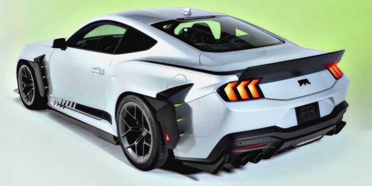 A white, modified 2026 Mustang RTR Spec 5 with wide body kit, rear spoiler, black accents, and angular taillights—packs more power than Ford’s GTD—set against a light green background.