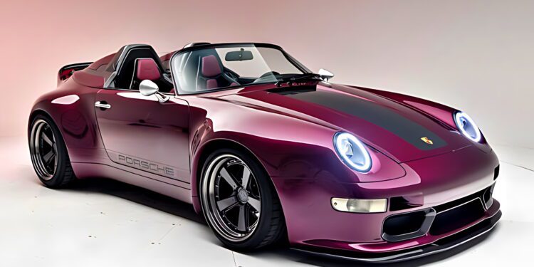 A purple Gunther Werks Speedster convertible with black accents is displayed in a studio with white walls and a seamless floor, showcasing the signature style of Graham Rahal Performance.