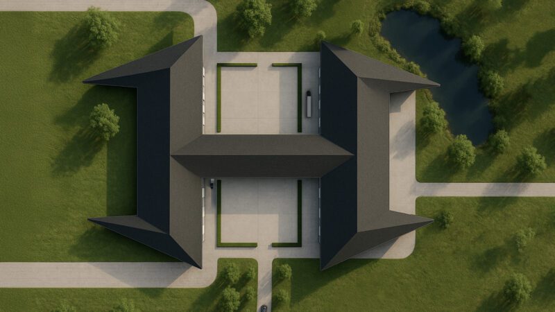 Aerial view of a large H-shaped Texas factory with dark roofing, surrounded by green lawns, trees, paths, and a pond.