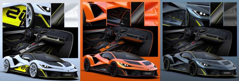 Three sports cars in white, orange, and dark grey showcase Lamborghini design with close-ups of interiors, seats, and exterior details. Each features "21" decals, bold accent colors, and hints at future Lamborghini previews.