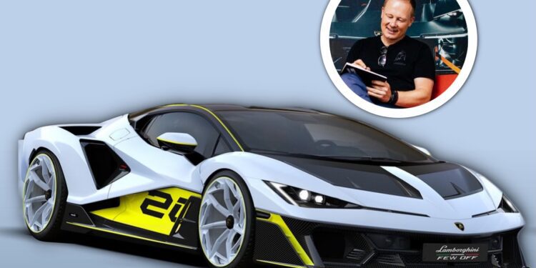 A white and black Lamborghini Fenomeno with yellow accents sits beside a circular inset photo of the Design Chief smiling and signing an autograph.