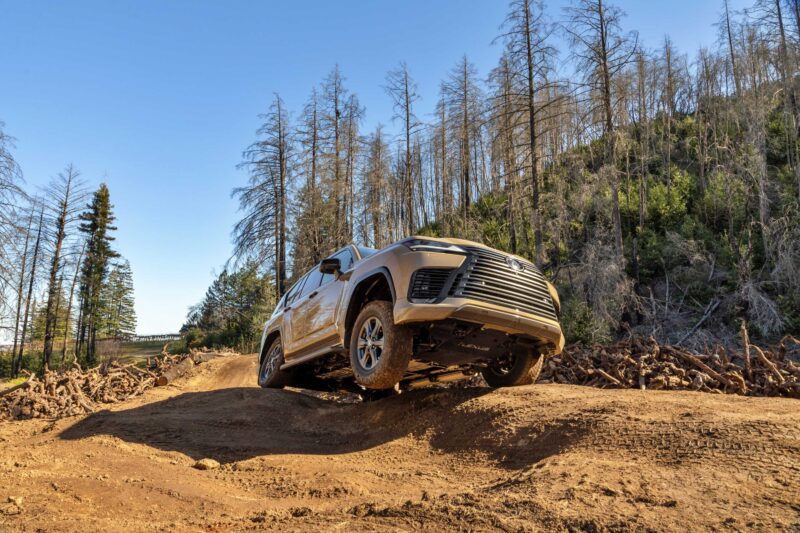 A beige SUV, resembling the highly capable 2025 Lexus LX 700h Overtrail 4WD, drives over uneven dirt terrain in a wooded area with both live and dead trees under a clear blue sky.