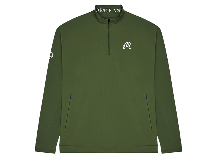 Olive green long-sleeve quarter-zip pullover from the Malbon Golf Capsule Collection, featuring zippered pockets, a small white logo on chest and sleeve, and "SCIENCE AMP" text on the collar.
