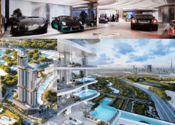 Collage showing luxury cars in an upscale showroom, a high-rise building, and balconies with private pools—previewing the World’s First MANSORY Residences at the new Experience Centre in Dubai—overlooking a city skyline and lush green landscape.