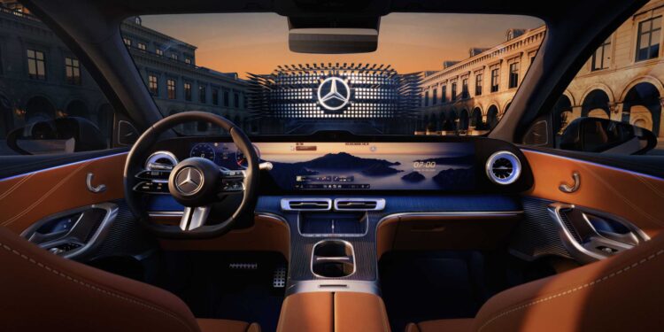 View from inside a luxury Mercedes showcasing a modern dashboard with a 39-Inch Hyperscreen, digital displays, and brown leather interior, plus an illuminated Mercedes emblem visible outside.