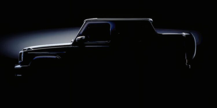 A pickup truck is shown in silhouette against a dark background, echoing the intrigue as Mercedes teases the G-Class Cabriolet revival with four doors instead of two, subtle lighting highlighting its outline and features.
