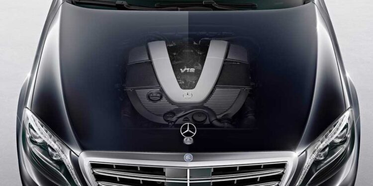 A 2030 Mercedes-Benz car with a transparent hood effect reveals the powerful V12 engine underneath.