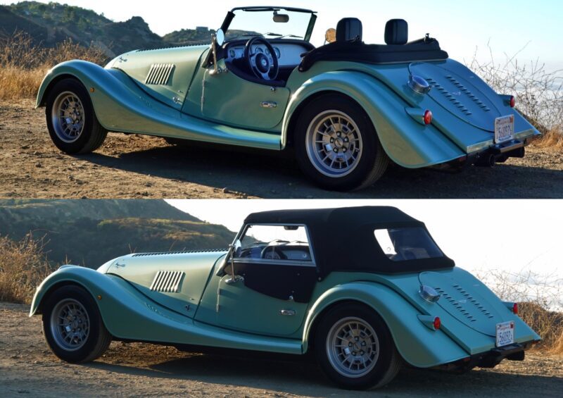 A vintage-style teal convertible reminiscent of the 2025 Morgan Plus Four Review: A Timeless Reminder of Olde-School Driving Fun, shown with the soft top open above and closed below, parked outdoors on a dirt road.