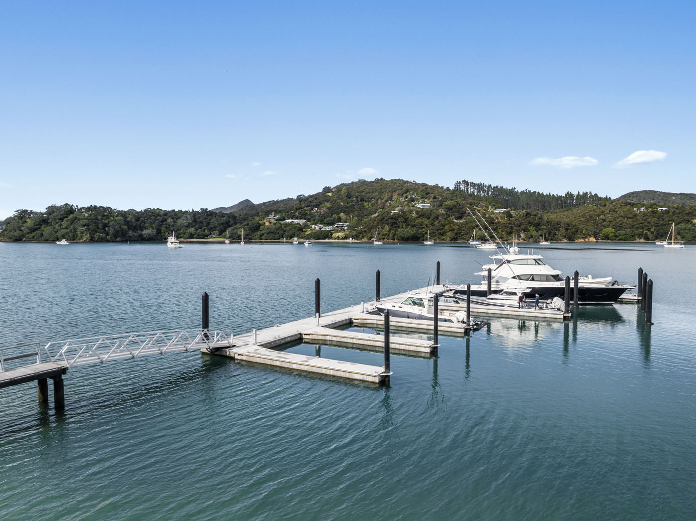 A small marina with several empty docks and a few boats moored on calm water, set along the scenic New Zealand coastline, with a green hill and scattered houses in the background under a clear sky.