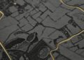 Close-up of a black and white map with a gold outline highlighting a specific area, overlaid on a vintage Rolls-Royce illustration.