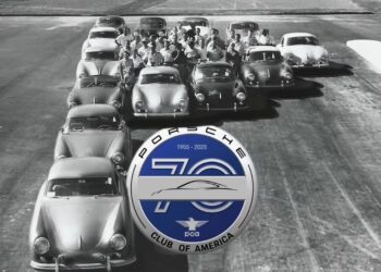 A group of classic Porsche cars arranged in a V shape with people inside and around them, reflecting the passion and community of the Porsche Club of America; a "Porsche Club of America 70th Anniversary" logo overlays the image.
