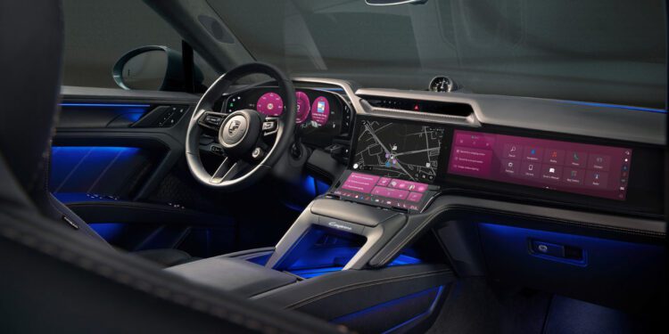 Modern car interior featuring digital instrument cluster, large touchscreen display with navigation, and ambient blue lighting.