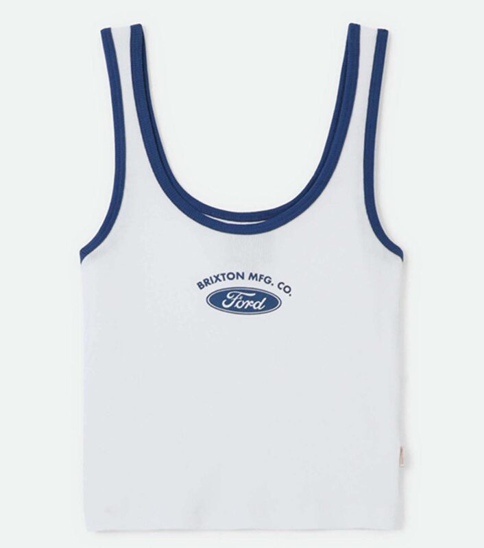 White tank top with blue trim, featuring "Brixton Mfg. Co." and the Ford logo printed on the front center. Part of the Limited Edition Collection from Ford x Brixton.
