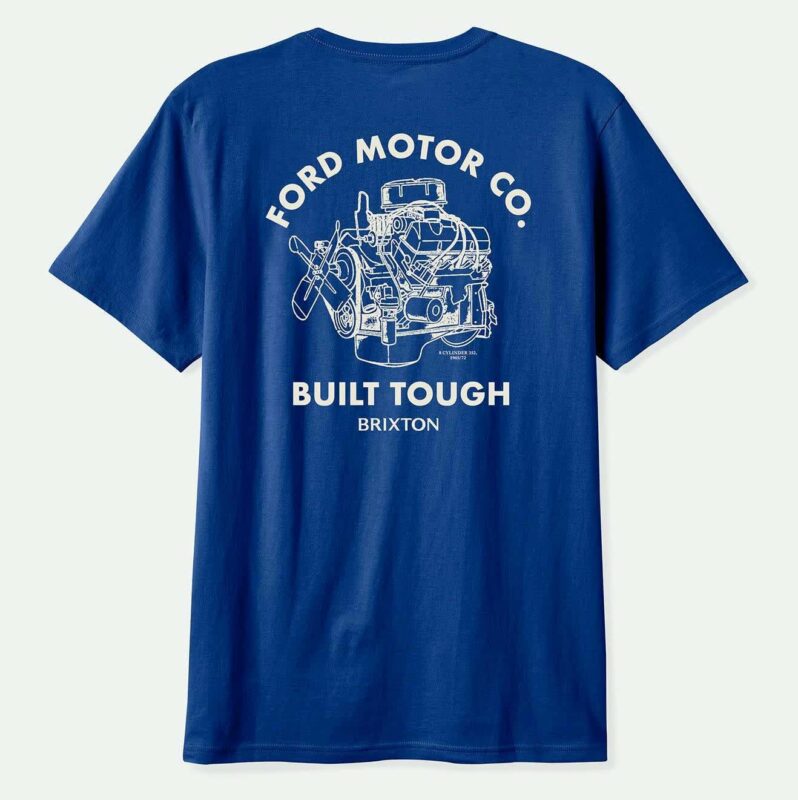 Blue T-shirt with a white graphic of a car engine and the text "Ford Motor Co. Built Tough Brixton" printed on the back. Part of the exclusive Ford x Brixton Limited Edition Collection.