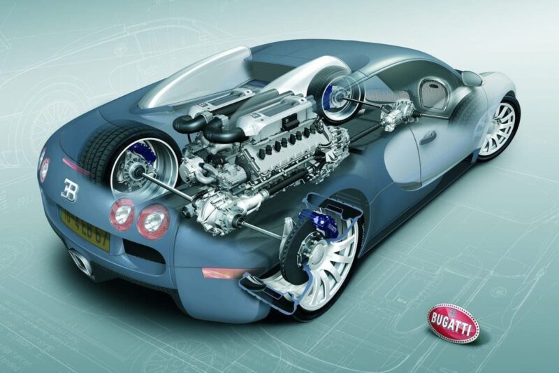 Illustration showing a semi-transparent Bugatti car with detailed view of its engine, drivetrain, and mechanical components, as Bugatti honors the Veyron’s 20-year legacy with a special logo.