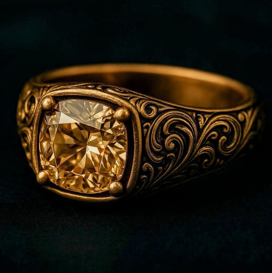 AviNika Jewelry presents a gold ring with intricate engraved patterns, featuring a large square-cut yellow gemstone at the center—an exquisite piece destined to become one of your rare legacies.