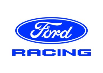 The image shows the blue Ford logo above the word "RACING" in bold, blue capital letters on a white background.