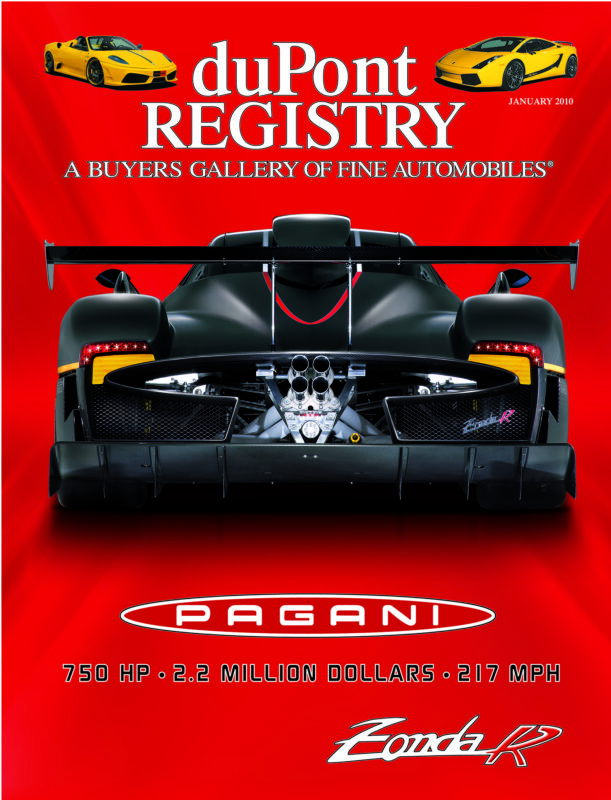 Rear view of a black Pagani Zonda R supercar on a red background, featuring car specs and the duPont REGISTRY 40th Anniversary Cover Cars masthead at the top.