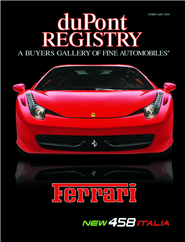 Front cover of duPont REGISTRY magazine featuring a red Ferrari 458 Italia as one of the Cover Cars, with text highlighting it as the "New 458 Italia" and the issue date February 2010.