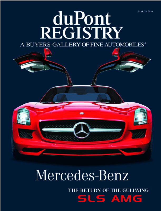 Front cover of duPont REGISTRY magazine featuring a red Mercedes-Benz SLS AMG with its gullwing doors open against a dark background, celebrating 40th Anniversary Cover Cars.