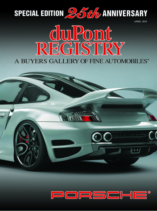 Cover of duPont REGISTRY’s 25th Anniversary Special Edition featuring the rear view of a silver Porsche sports car, celebrated among the iconic Cover Cars.