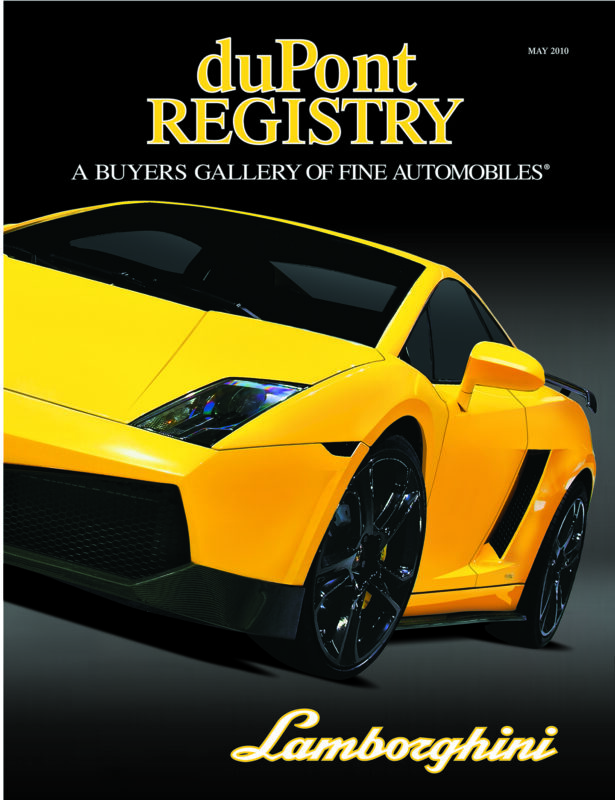 Cover Cars: duPont REGISTRY magazine, May 2010 issue, celebrates 40th Anniversary with a striking yellow Lamborghini sports car on a black background, highlighted by bold branding text.