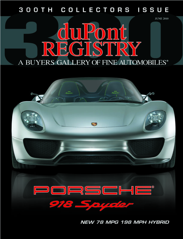 DuPont REGISTRY's 40th Anniversary Cover Cars edition features a silver Porsche 918 Spyder, showcasing its hybrid status, an impressive 78 MPG, and a thrilling top speed of 198 MPH.