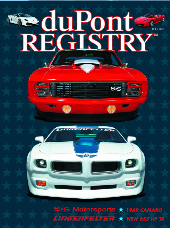 DuPont REGISTRY's 40th Anniversary edition showcases its Cover Cars—a stunning red 1969 Camaro and a white Camaro from S/S Motorsports—set against a blue star backdrop, highlighting Lingenfelter and the powerful 655 HP TA.