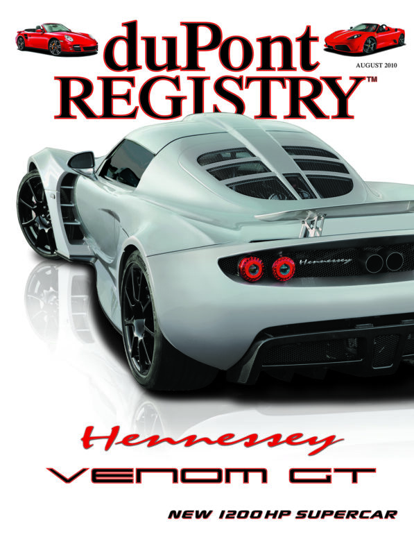 Cover of duPont REGISTRY magazine featuring a silver Hennessey Venom GT supercar, highlighted among iconic Cover Cars, with red and black text detailing the 1200 HP vehicle, dated August 2010.