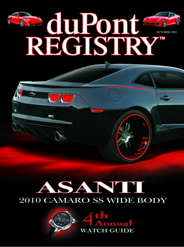 A black 2010 Camaro SS Wide Body by Asanti with custom red-accented wheels, featured as one of the Cover Cars on the duPont REGISTRY magazine’s October 2010 issue, highlighting the 4th Annual Watch Guide.