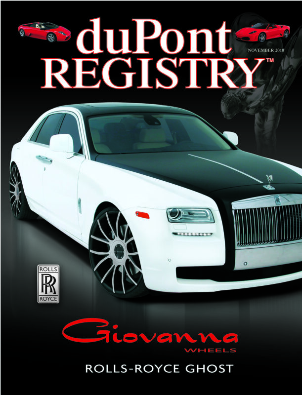 A white Rolls-Royce Ghost with black accents graces the duPont REGISTRY magazine's Cover Cars for November 2010, showcasing Giovanna wheels.
