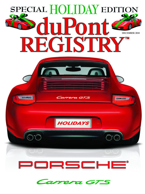 Red Porsche Carrera GTS rear view featured as a Cover Car on the duPont REGISTRY’s special holiday edition, December 2010, with festive graphics and text celebrating the 40th Anniversary.