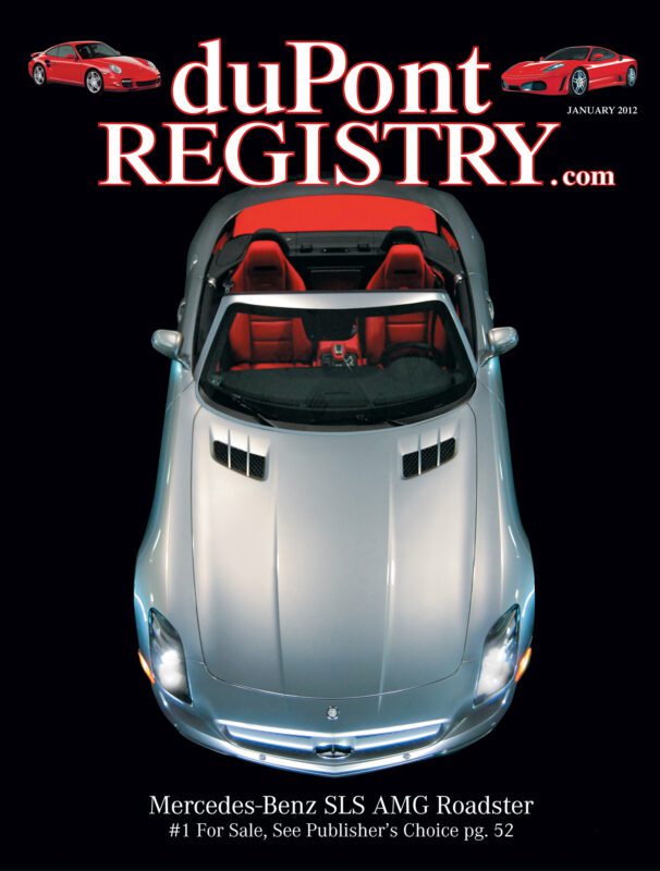 Overhead view of a silver Mercedes-Benz SLS AMG Roadster with red interior, featured as one of the Cover Cars on the duPont REGISTRY January 2012 issue.