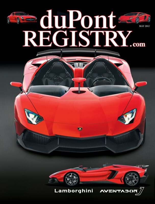 Front cover of duPont REGISTRY magazine, May 2012 issue, featuring a red Lamborghini Aventador J sports car—the Cover Car—shown from the front and side angles.