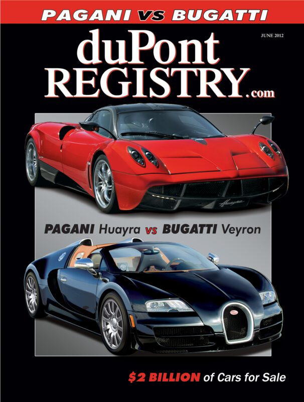 40th Anniversary duPont REGISTRY cover featuring stunning Cover Cars: a red Pagani Huayra and a black Bugatti Veyron under the bold headline "PAGANI vs BUGATTI.