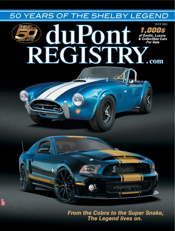 DuPont REGISTRY celebrates its 40th Anniversary with a striking cover featuring the iconic Cover Cars: a classic blue Shelby Cobra and a modern blue and gold Shelby Mustang, under the headline "50 Years of the Shelby Legend.