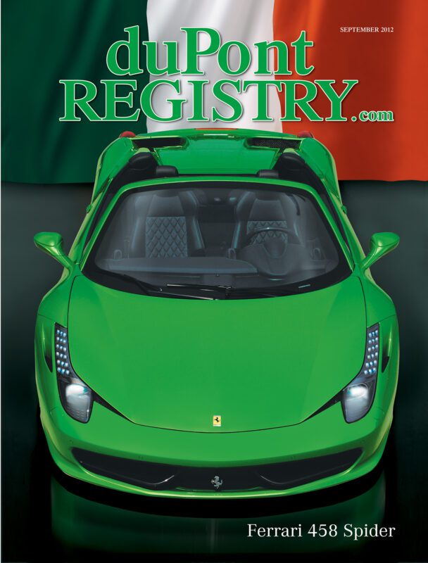 A green Ferrari 458 Spider graces the duPont REGISTRY Cover Cars for the September 2012 issue, set against an Italian flag backdrop and celebrating the brand’s 40th Anniversary.
