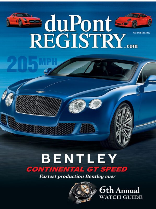 A blue Bentley Continental GT Speed graces the duPont REGISTRY Cover Cars issue, highlighting its 205 MPH top speed and promoting the 6th Annual Watch Guide—celebrating the magazine’s 40th Anniversary.