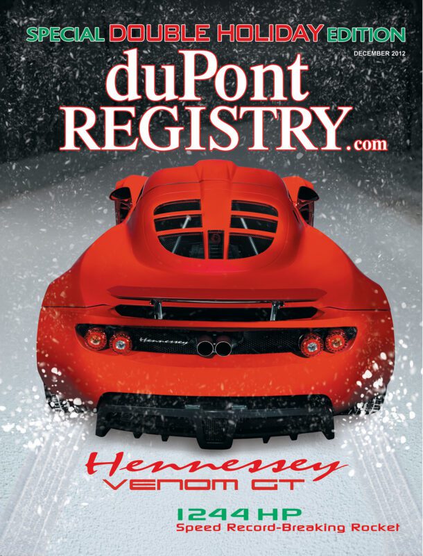 DuPont REGISTRY's 40th Anniversary Cover Cars edition showcases a rear view of a red Hennessey Venom GT supercar in the snow, highlighting its 1,244 horsepower and record-setting speed on the magazine cover.