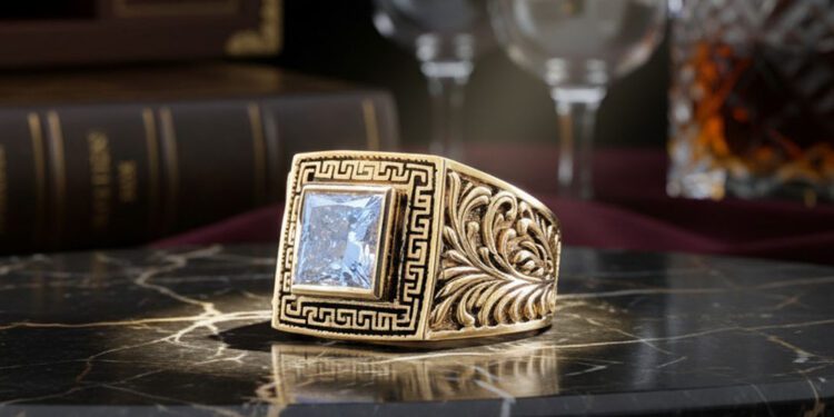 A gold ring with an ornate design and a large square gemstone is displayed on a marble surface, embodying the rare legacies of AviNika Jewelry, with wine glasses, a book, and a decanter in the background.
