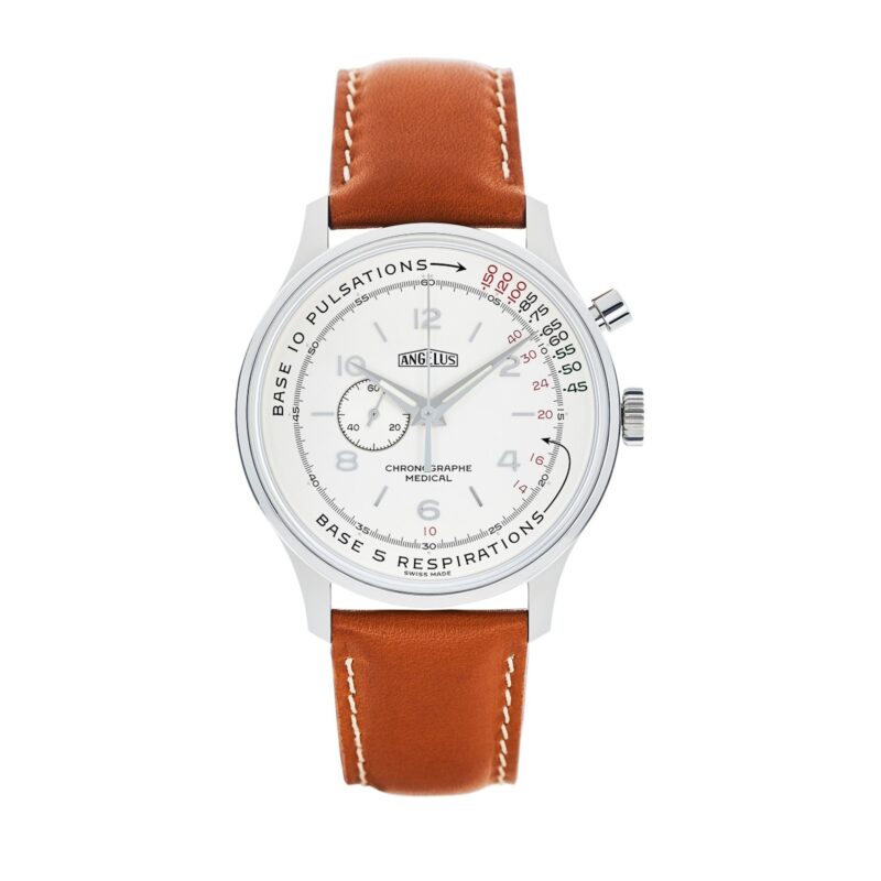 A silver chronograph wristwatch with a white dial, brown leather strap, and pulsation scale markings—perfect for medical use and a fine example of the best luxury watches.