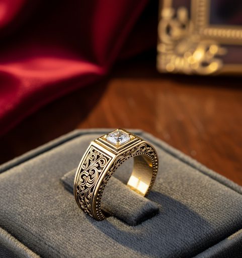 A gold ring with intricate patterns and a square-cut gemstone is displayed on a gray velvet stand, reflecting the rare legacies of AviNika Jewelry amid a red cloth and ornate frame in the background.