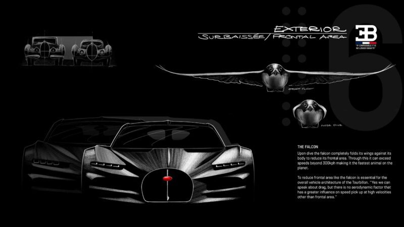 A sleek, black concept car design is shown next to falcon illustrations with wings spread, highlighting aerodynamic features inspired by nature; Bugatti Tourbillon logo is visible in the top right corner.