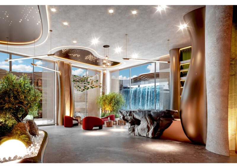 Modern hotel lobby at Aureum Estate features curved seating, sculptural columns, lush indoor plants, and large windows overlooking a waterfall and vibrant blue sky—an inviting atmosphere inspired by the elegance of Dubai Hills.