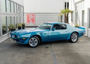 A blue classic Pontiac Trans Am muscle car, a true icon among Classic Cars, is parked outdoors near a modern building with glass windows and potted plants.